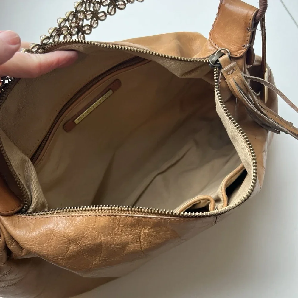 Elliott Lucca Worn-Look Brown Leather Purse With Bead & Metal Strap